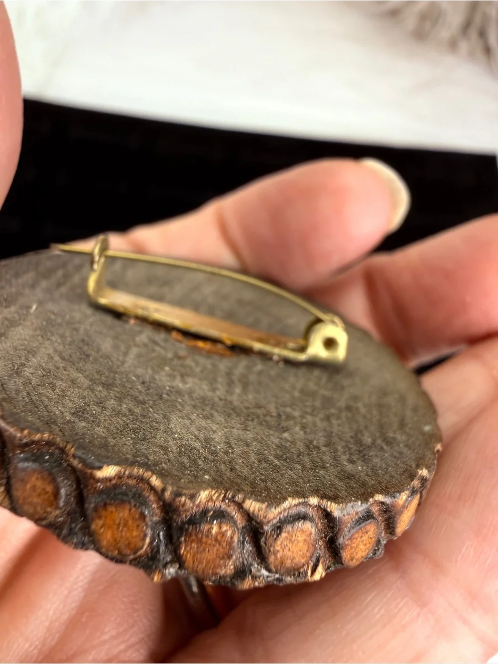 Vintage Round Carved Wood Medallion Brooch Brass Inlay Geometric Folk Art Pin